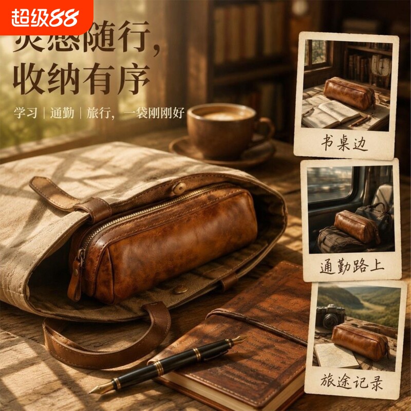 复古真皮笔袋大容量双拉链文具收纳袋做旧皮质学生铅笔袋商务办公便携文具包