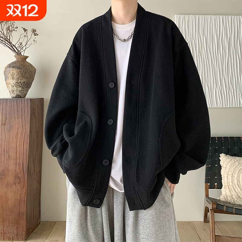 黑色日系慵懒风外套男生潮流华夫格开衫简约休闲卫衣春秋夹克上衣