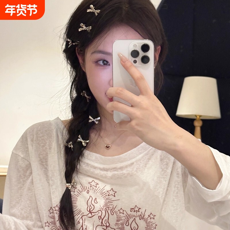 金属银色蝴蝶结发夹女前额侧边刘海鸭嘴夹2024年新款发卡头饰碎发