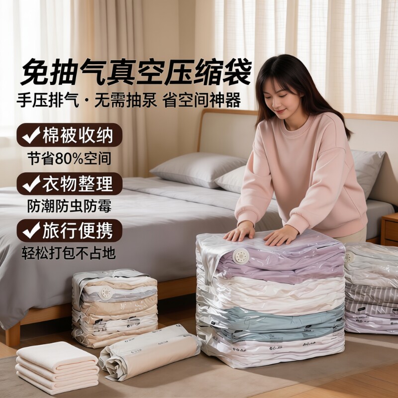 免抽真空收纳压缩袋加厚耐用衣物被子防尘防潮换季收纳神器特大号