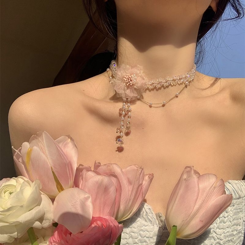 甜美粉色花朵流苏项链珍珠锁骨链轻奢小众高级氛围感水晶颈链项饰