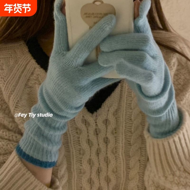 出口订单韩国ins博主秋冬保暖手套女分指可触屏长五指有孔仿羊绒