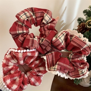 红色蕾丝格子大肠发圈女高级感新年圣诞氛围感韩系头绳发绳头饰品