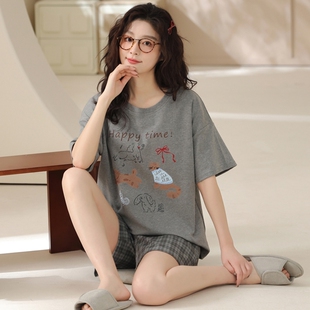 新款 2025年 睡衣女款 可爱家居服套装 夏季 短裤 纯棉休闲大码 薄款 短袖