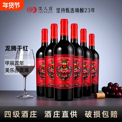 类人首 宁夏红酒贺兰山东麓龙腾美乐橡木桶干红葡萄酒750ml*6支装