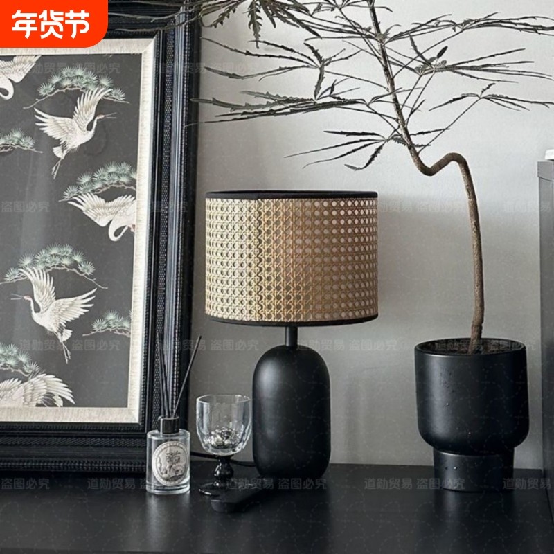日式侘寂风藤编台灯卧室美式中式复古中古轻奢客厅边柜装饰床头灯