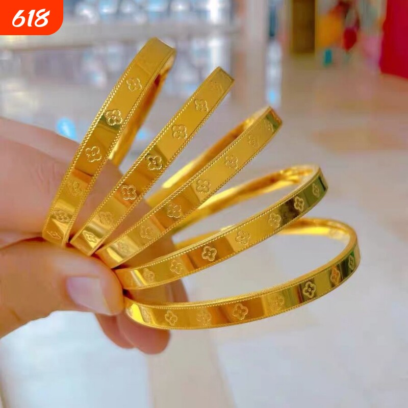 新款沙金四叶草手镯实心黄金店同款时尚幸运草手环不掉色镀金圈口