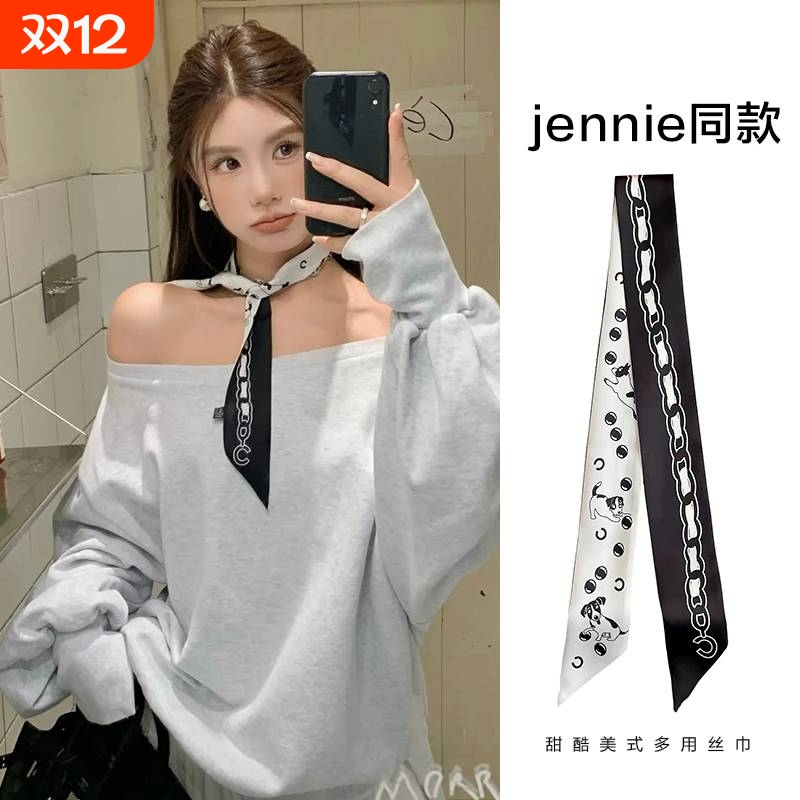 网红同款黑白丝巾2025新款气质百搭丝带领巾法式复古发带飘带围巾