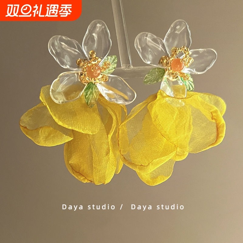 法式复古雪纺花朵流苏耳环高级感小众独特耳钉夸张气质度假风耳饰