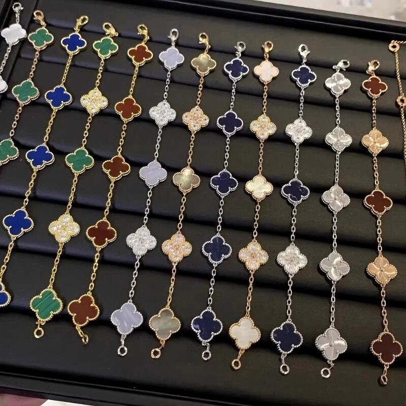 爆款四叶草手链女V金鼎版紫玉髓幸运草熊猫ins轻奢红玉髓经典镭射