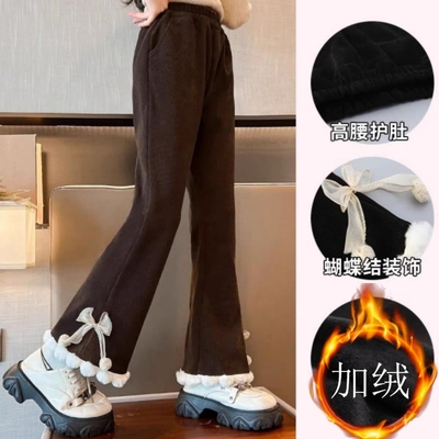 女童加绒裤子秋冬2025新款儿童春女孩一体羊羔绒裤加厚喇叭裤洋气