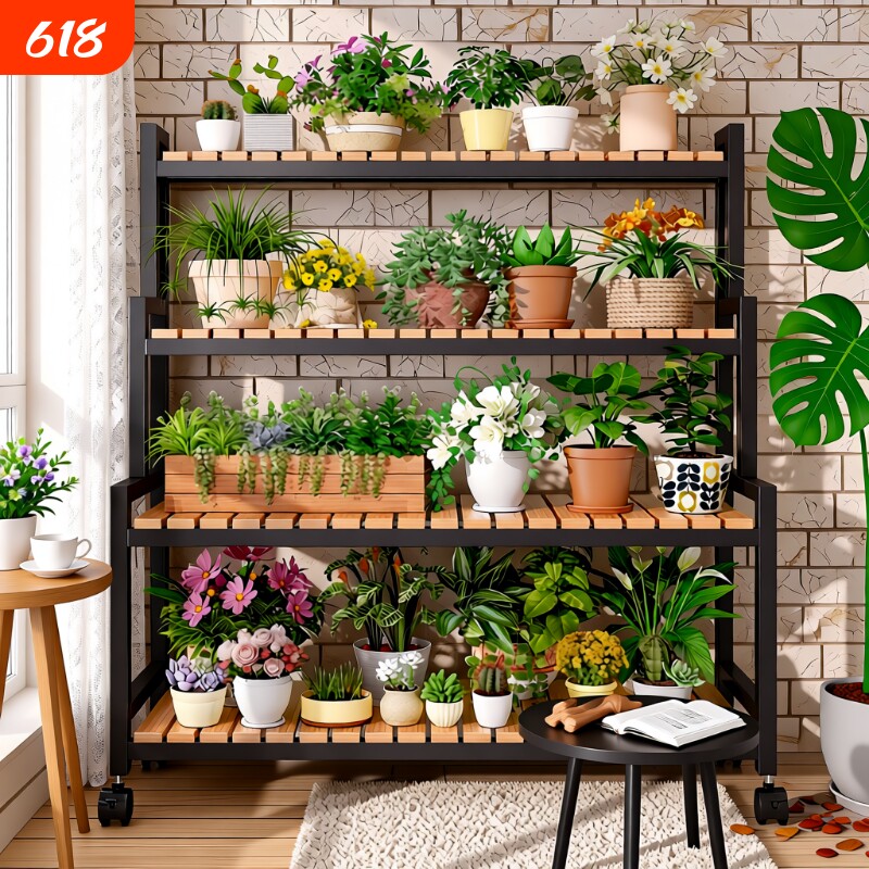 多层架花架置物架阳台客厅落地式可移动新款多肉花盆一体带轮靠墙