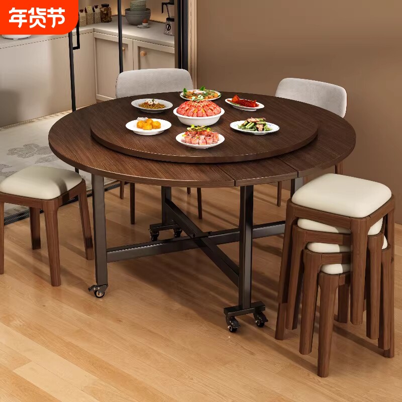 折叠桌饭店大圆桌家用吃饭桌子酒店实木餐桌带转盘客厅聚会桌子