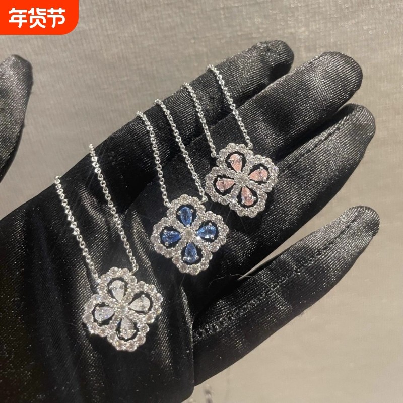 高定版HW四叶草镶钻项链女满钻花朵幸福之门吊坠水滴钻花型锁骨链