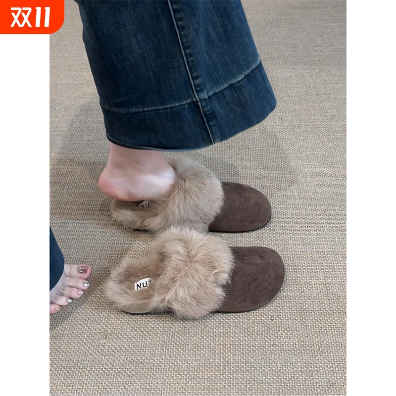 法式平底包头拖鞋女外穿冬季复古加绒保暖勃肯毛毛鞋厚底雪地棉靴