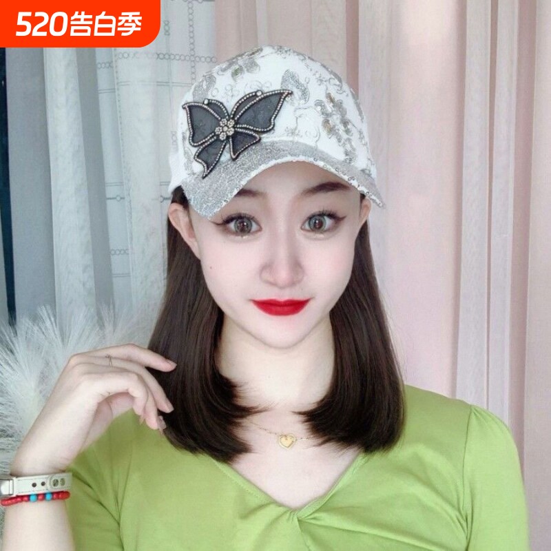 时尚潮流假发减龄百搭蝴蝶鸭舌帽中长直发短内扣一体帽子假发头套