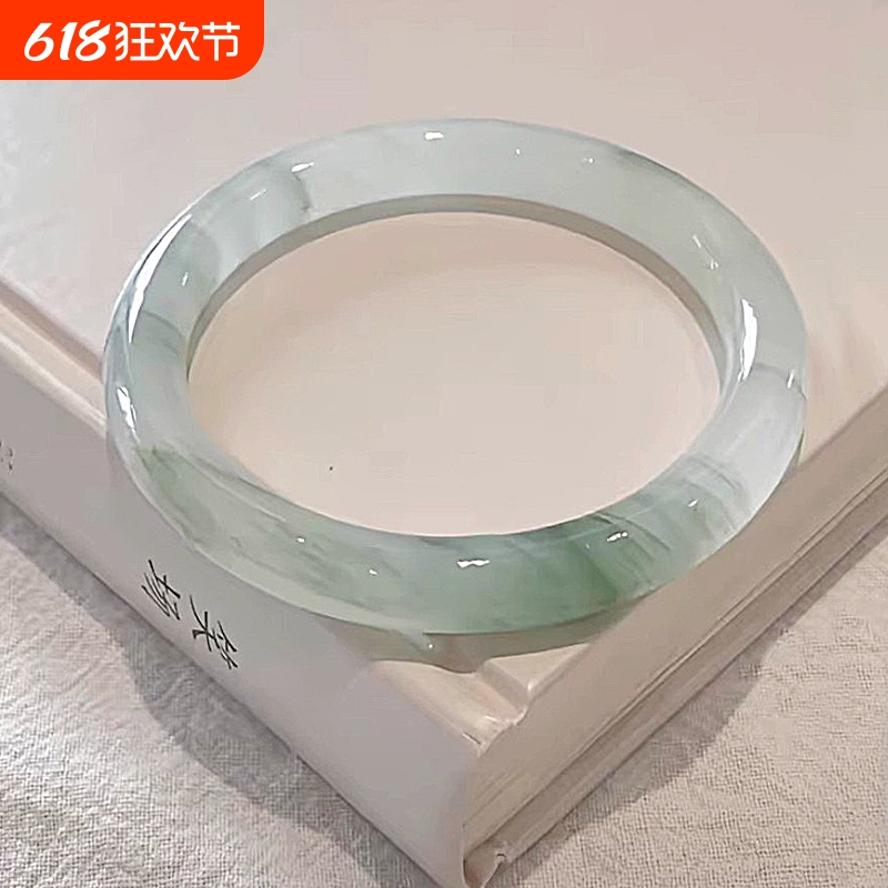天然新疆天山翠手镯飘花玉镯女款雪翠金丝玉圆条扁镯子玉石非翡翠