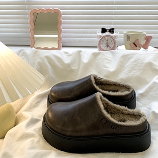 一脚蹬防水毛毛棉拖 女外穿2025秋冬新款 厚底增高勃肯鞋 包头半拖鞋