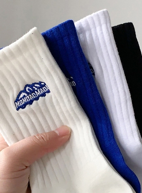 诸暨袜子男春秋款中筒袜运动袜ins潮长袜棉袜刺绣蓝色白色黑色