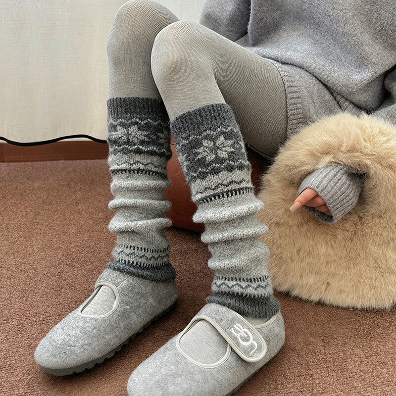 灰色费尔岛羊毛袜套堆堆袜配雪地靴女秋冬季加厚加绒腿套显瘦鞋子