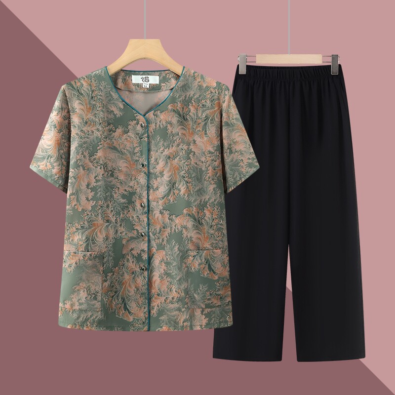 奶奶装夏季短袖T恤中老年人夏装衬衫妈妈套装老太太上衣服薄款