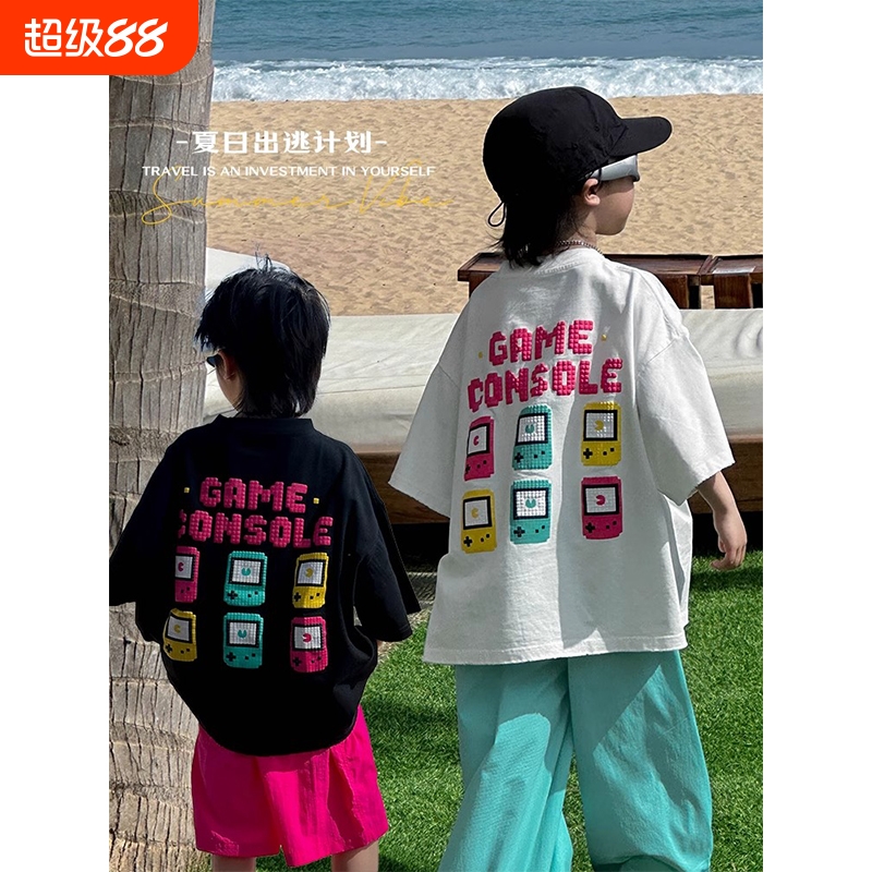 中大童像素风游戏机印花童装短袖T恤夏季男女童洋气白色纯棉上衣