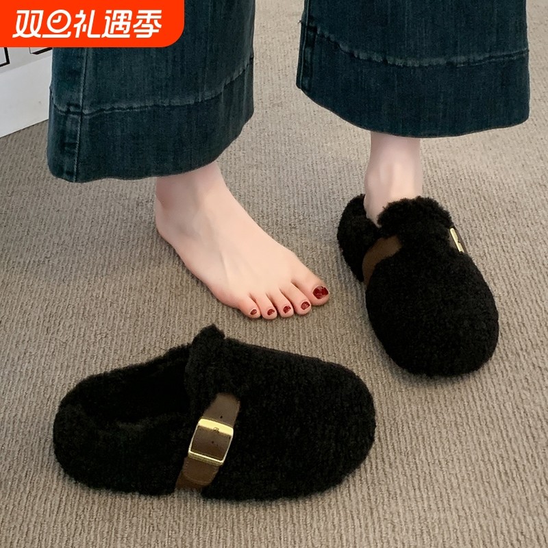 厚底勃肯包头毛毛拖鞋女外穿2025新款秋冬季一脚蹬保暖加绒棉拖鞋