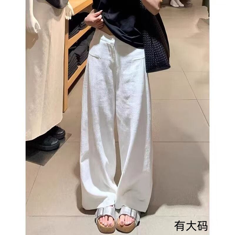 白色亚麻阔腿裤女春夏2026新款高腰宽松慵懒休闲棉麻大码西装长裤