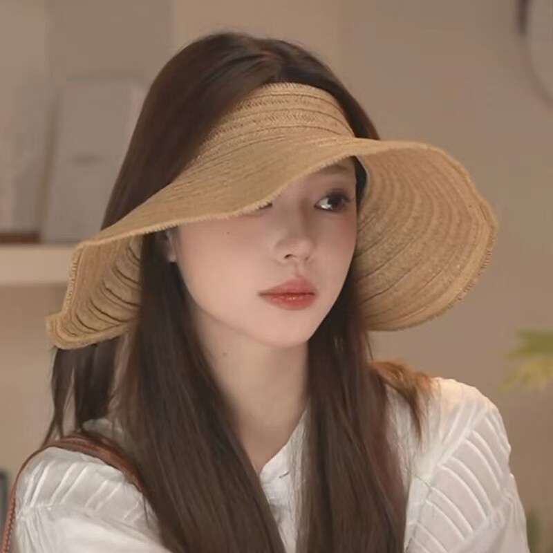 大帽檐草编空顶防晒遮阳帽海边草帽显脸小太阳帽子女夏可折叠帽