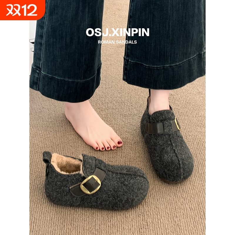 厚底灰色加绒勃肯鞋女鞋2025新款爆款秋冬毛呢鞋软底保暖博肯棉鞋