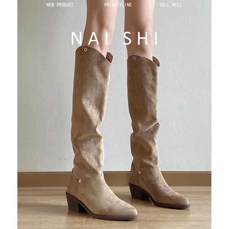 羊皮版！复古西部牛仔靴女v口尖头瘦瘦靴堆堆长靴粗跟高筒骑士靴