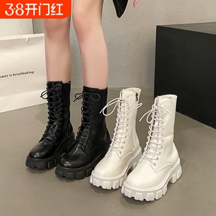 白色英伦风马丁靴机车靴2026单靴百搭厚底增高中筒靴高跟短靴靴子