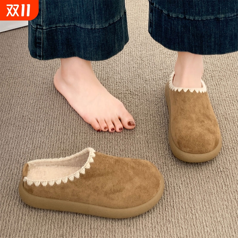 勃肯鞋女款2025新款秋冬季时尚百搭加绒毛毛拖鞋一脚蹬包头半拖鞋