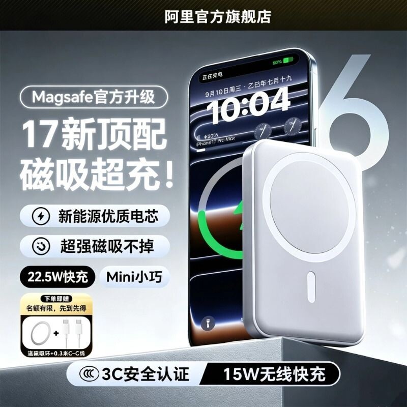 磁吸充电宝自带线快充3C认证可上飞机】2026新款磁吸20000毫安大容量官方适用手机17专用标识移动电源
