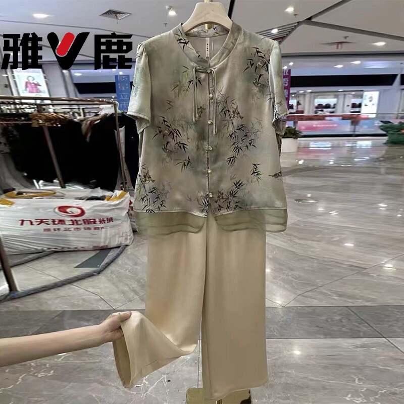 雅鹿妈妈夏装新中式国风上衣新款洋气衬衫中老年女装夏季雪纺小衫