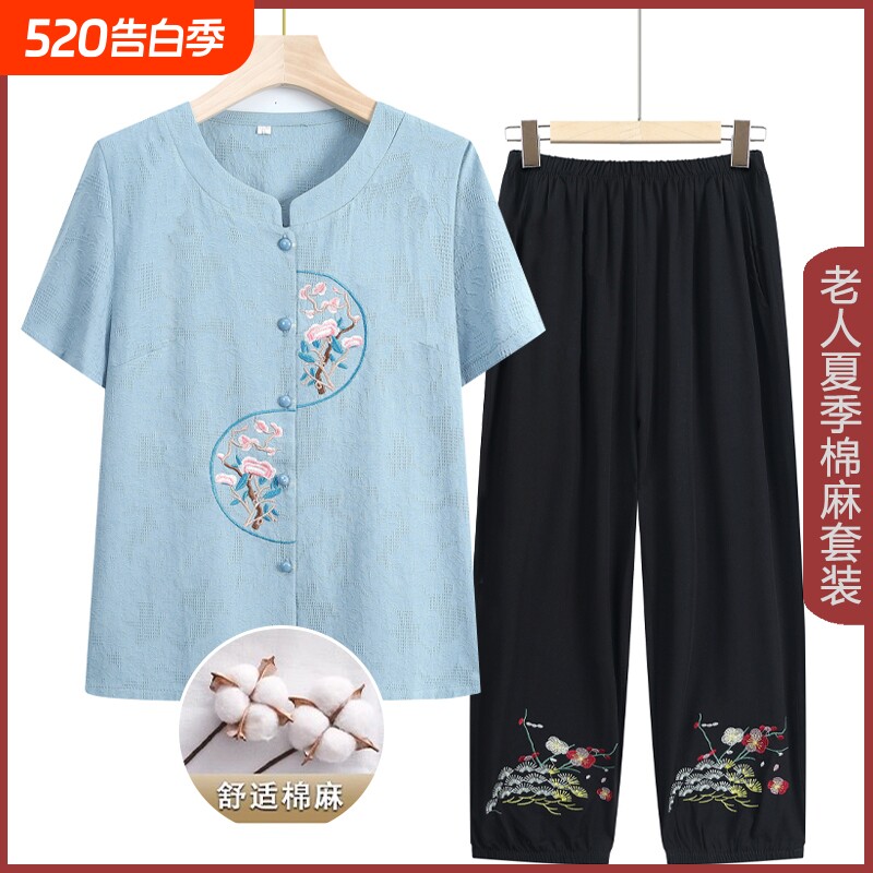 奶奶夏季棉麻套装女中老年人夏装纯棉短袖两件套60岁妈妈绣花上衣