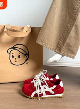 红色拼色德训鞋女2026春季新款百搭休闲阿甘鞋系带板鞋轻便运动鞋