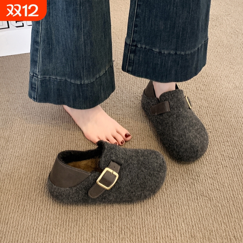 软底灰色勃肯鞋女2025秋冬新款厚底棉鞋两穿加绒包头半拖鞋毛绒