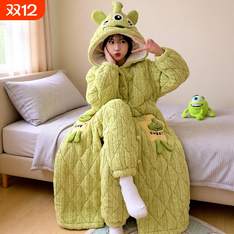 睡袍女冬季加厚加绒三层夹棉长袍