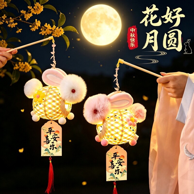 2026新款中秋节竹编小灯笼装饰儿童手提发光兔子花灯挂饰成品宫灯