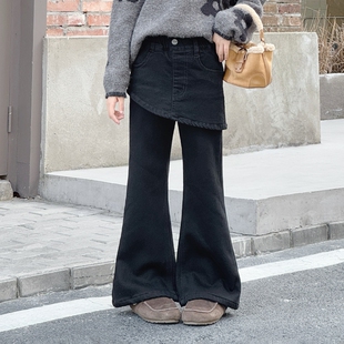 女童裤子喇叭裤加绒儿童黑色6-12岁大童韩系屁帘牛仔裤显瘦小黑裤