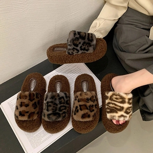 厚底棉拖鞋 2025秋冬季 女外穿一字拖潮鞋 百搭毛毛拖鞋 网红豹纹时尚