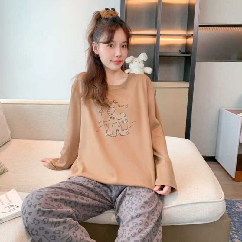 睡衣女士春秋款秋季秋天纯棉长袖带胸垫休闲可外穿出门套装