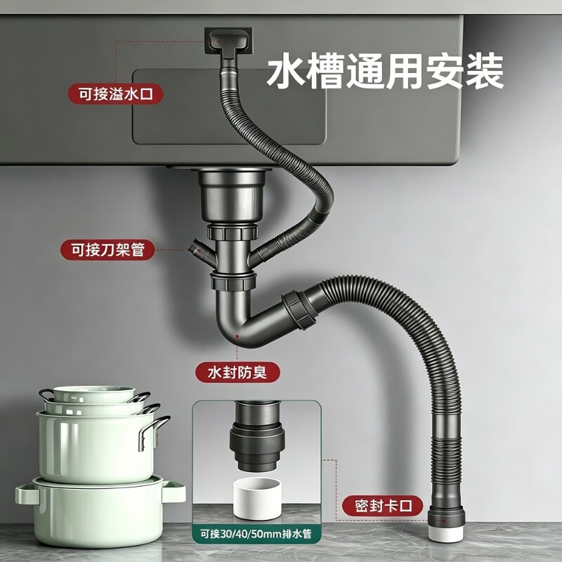 厨房洗菜盆下水管全套防臭单双槽洗碗池水槽下水器配件排水管套装