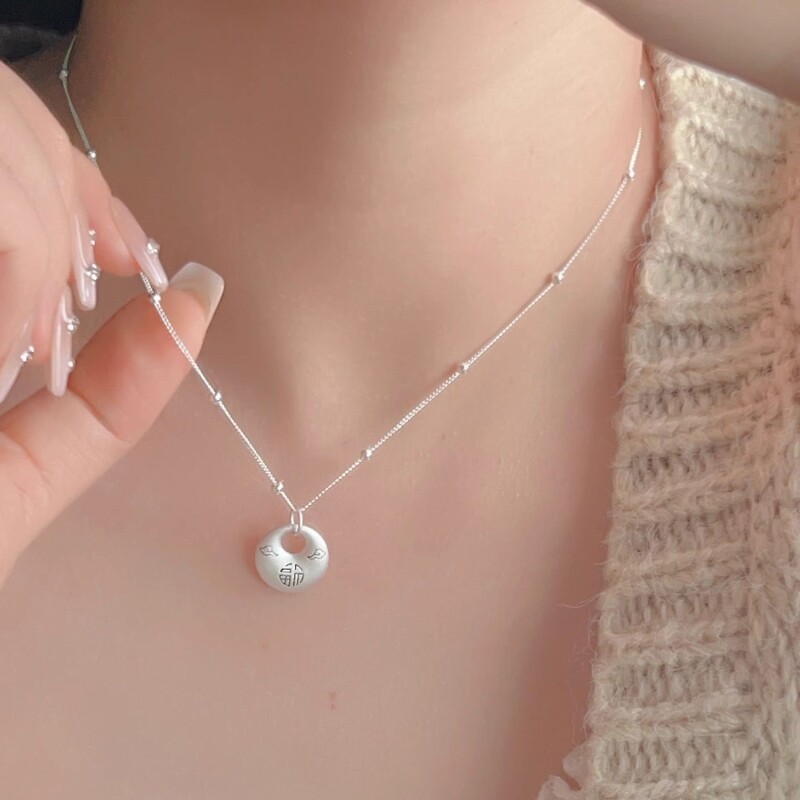 S925纯银新中式福字项链女平安扣吊坠国风锁骨链简约礼物足银闺蜜
