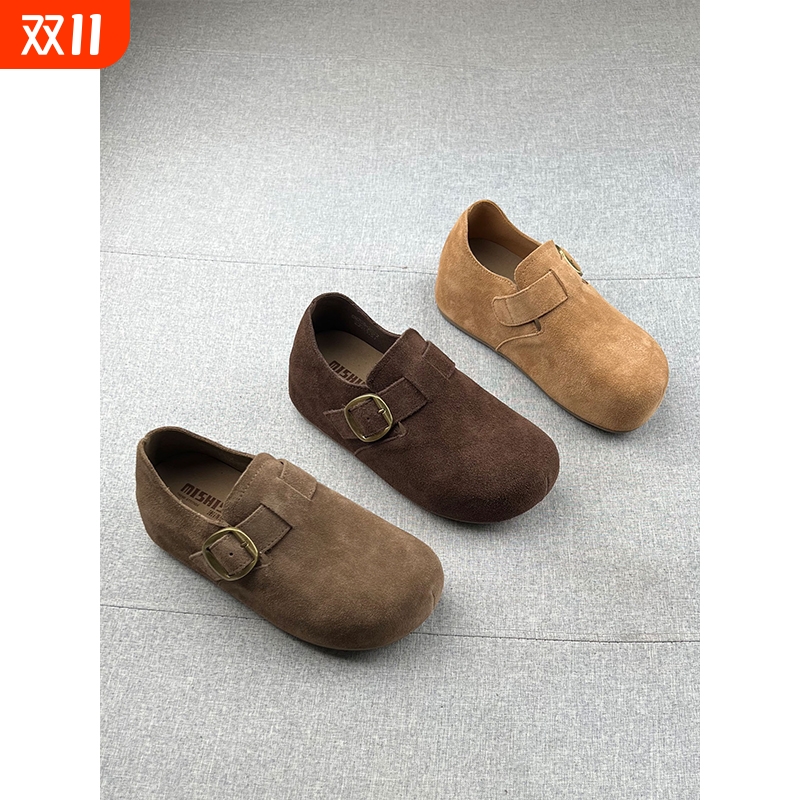 米新款~真皮一脚蹬内增高厚底勃肯鞋2025年秋防滑乐福鞋豆豆鞋女