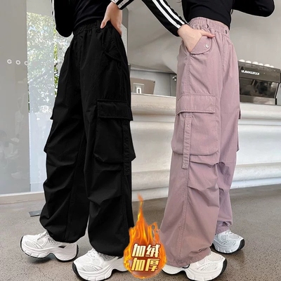 儿童装女童裤子加绒冬季2025新款中大童春秋冬款女孩加厚工装裤潮