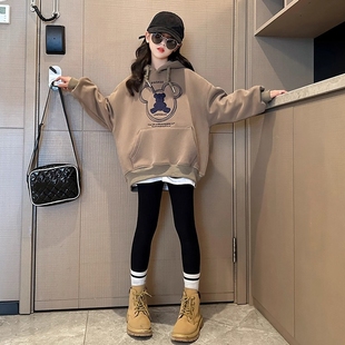 女童春秋卫衣2025新款女大童初中生女孩连帽儿童加绒时髦上衣紫色