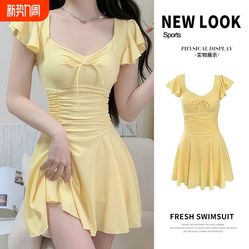 连体泳衣女新款显瘦遮肚保守裙式海边度假泡温泉纯欲女款泳装Y172