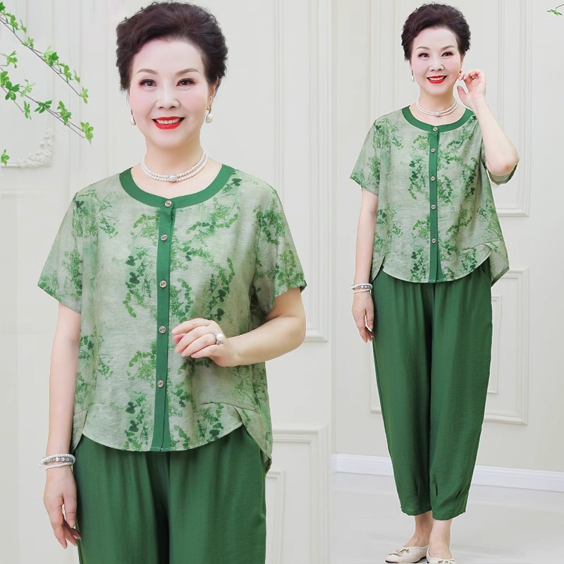 妈妈夏装套装短袖T恤小开衫薄上衣洋气奶奶绵绸中老年人女装衬衫